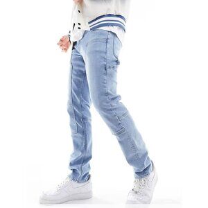 ASOS DESIGN Slim Jeans Carpenter Detail Double Knee Mens 29x29 Light Wash Blue